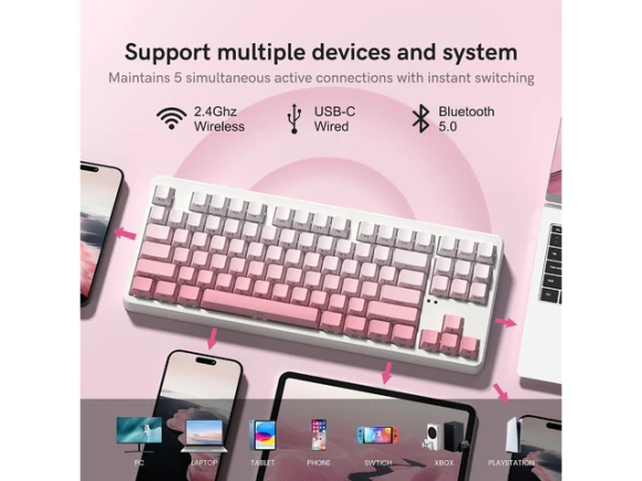 Gradient Pink Wireless Mechanical Keyboard — Bluetooth Keyboard, RUOCLRIS