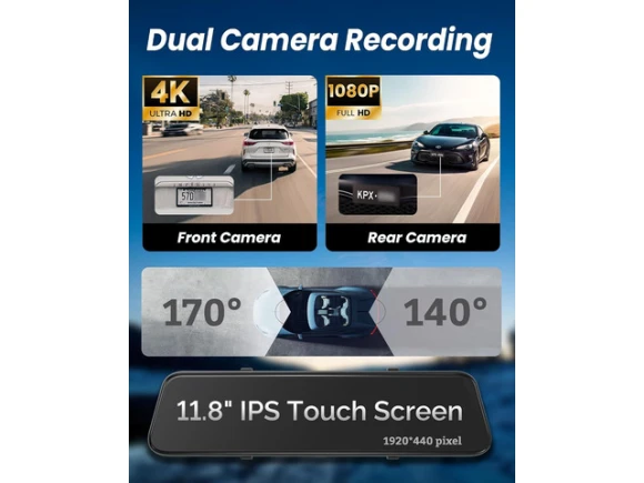4K Rear-View Mirror Dash Camera with Front and Rear Cameras — Dash Cam, SOYE