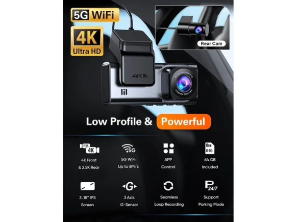Front-and-Rear Dash Camera for Cars, Silver, Free 64GB Card Included — Dash Cam, Navycrest