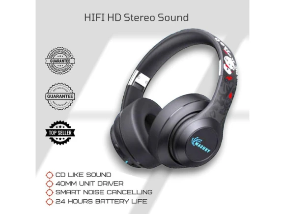 Black Over-Ear Foldable Headphones with LED Light — Wireless Earbuds, TUKO
