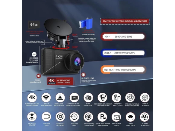 Front and Rear Dash Camera with 64GB Card — Dash Cam, SOYE