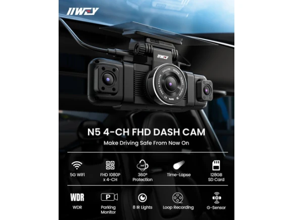 4-Channel 360° Dash Camera with 128GB SD Card — Dash Cam, IIWEY