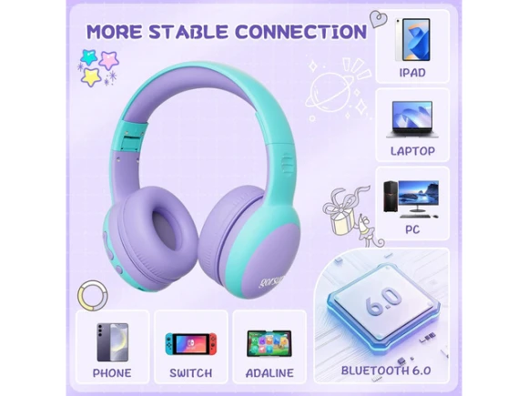 Over-ear Bluetooth Headphones for Kids, Purple, Cat Ears — Wireless Earbuds, Generic Logic, Inc.