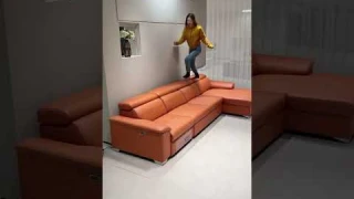 L-shape sectional recliner sofa,leather lounge sofa design,upholstery sofa with storage,orange color