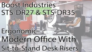 Boost Industries STS-DR27 and STS-DR35 Ergonomic Sit-to-Stand Desk Risers for a modern office.