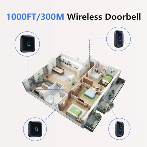Wireless Doorbell with 56 Chimes, 1000 Feet Range, IP66 Waterproof