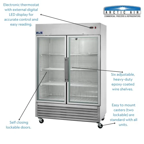 Two Door Glass Reach-In Refrigerator, 49 cu. ft, Stainless Steel, Arctic Air