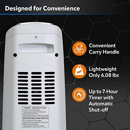 Oscillating Ceramic Tower Space Heater with Timer and Overheat Protection, Lasko