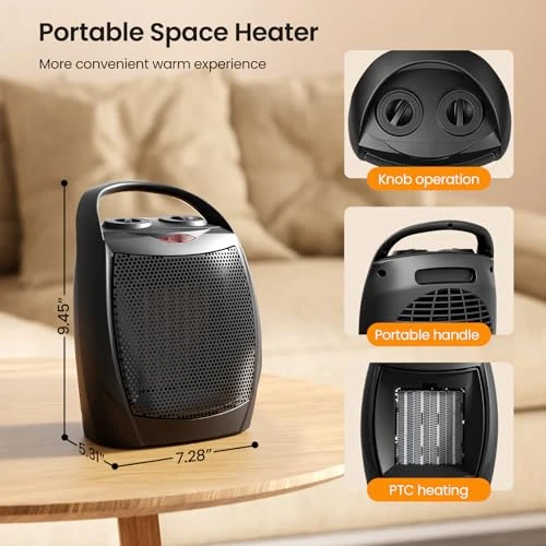 Small Electric Space Heater with Adjustable Thermostat, Portable Ceramic Heater Fan for Office, Kismile