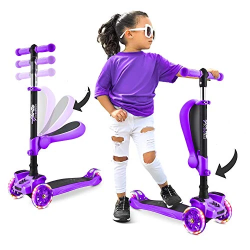 3 Wheeled Scooter for Kids - 2-in-1 Sit/Stand Kick Scooter with Flip-out Seat, Adjustable Height, Wide Deck, Flashing..., Hurtle