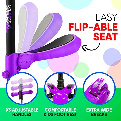 3 Wheeled Scooter for Kids - 2-in-1 Sit/Stand Kick Scooter with Flip-out Seat, Adjustable Height, Wide Deck, Flashing..., Hurtle