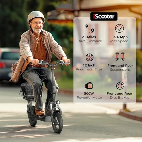 Electric Scooter with Seat, 21 Miles Long Range & 15.6 MPH Top Speed, 12" Pneumatic Tire, Dual Suspensions — Electric Scooter, iScooter