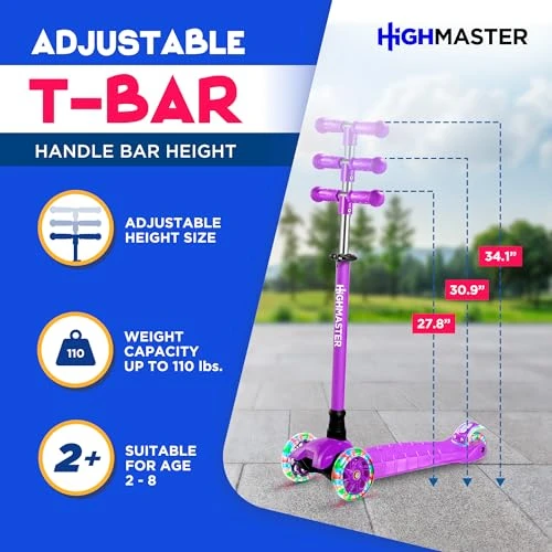 3 Wheel Kick Scooter for Kids with LED Lights and Adjustable Handlebar, HighMaster