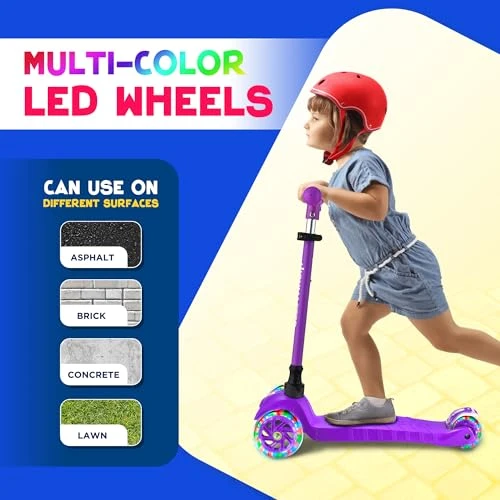 3 Wheel Kick Scooter for Kids with LED Lights and Adjustable Handlebar, HighMaster
