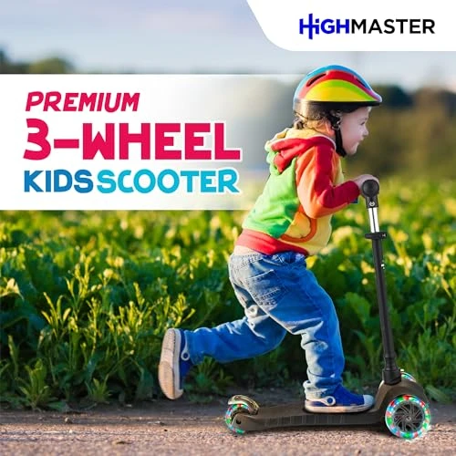 3 Wheel Kick Scooter for Kids with LED Lights and Adjustable Handlebar, HighMaster