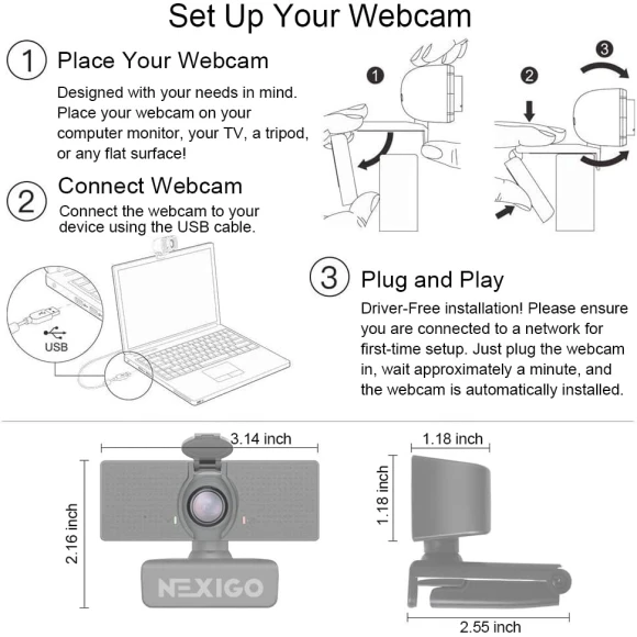1080P Webcam with Microphone, Adjustable FOV, Zoom & Privacy Cover, NexiGo