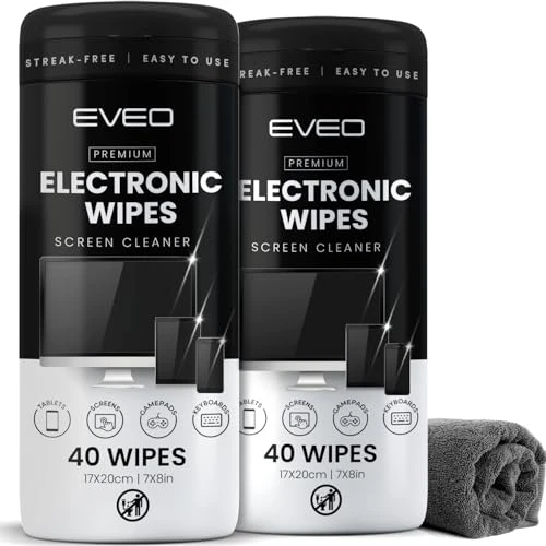 Electronic Screen Cleaner Wipes [2 Pack x40] with Microfiber Cloth, EVEO