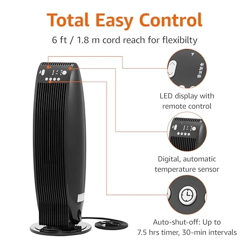 Oscillating Tower Heater with Digital Display and Remote Control, Amazon Basics