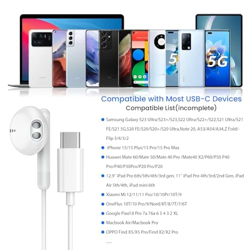 USB C Headphones with Microphone and Volume Control — Wireless Earbuds, BENEWY