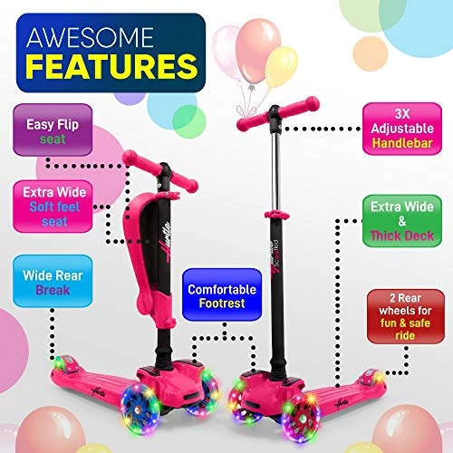 3-Wheeled Scooter for Kids with LED Lights and Foldable Seat, Hurtle