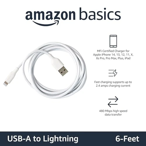 Fast Charging USB-A to Lightning Cable, 2-Pack, Amazon Basics