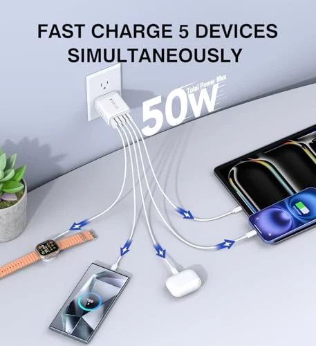 50W 5-Port USB C Wall Charger Block — Power Bank, CSODINCE