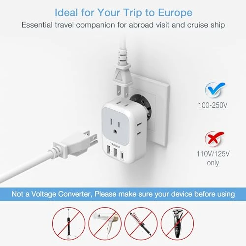 European Travel Plug Adapter with USB C, TESSAN