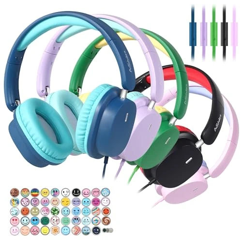 Kids Headphones Bulk 5 Pack for School, HD Mic Stereo Sound Over-Ear Headphones for Classroom, Comfortable Fit,..., A+ Scholars
