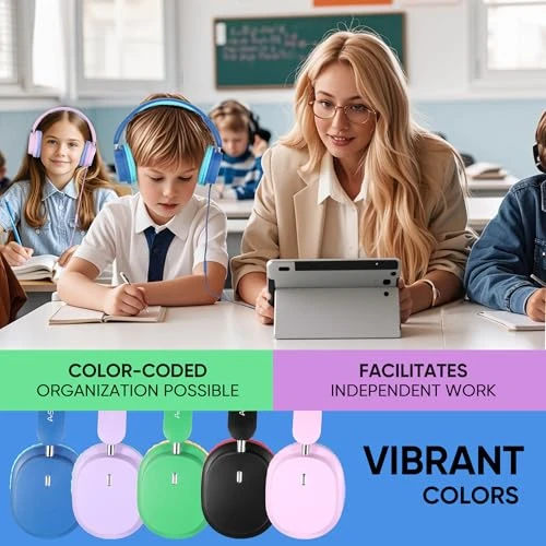 Kids Headphones Bulk 5 Pack for School, HD Mic Stereo Sound Over-Ear Headphones for Classroom, Comfortable Fit,..., A+ Scholars