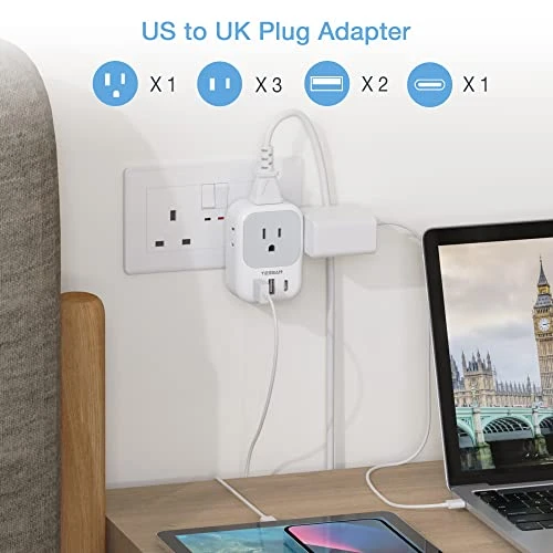 Travel Plug Adapter with 4 Outlets and 3 USB Ports, TESSAN