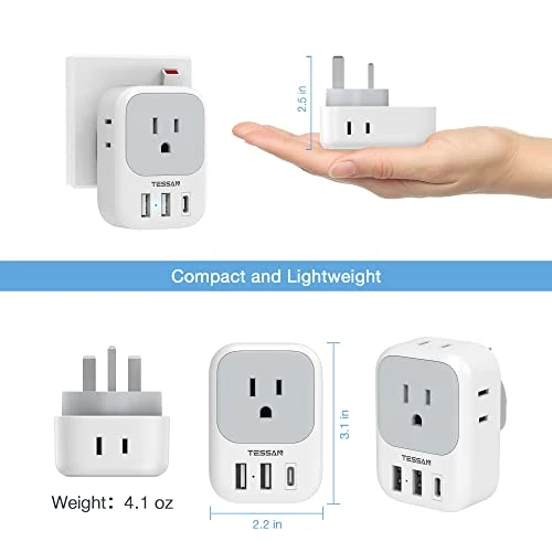 Travel Plug Adapter with 4 Outlets and 3 USB Ports, TESSAN