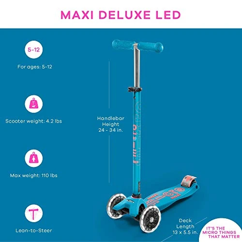 Three Wheeled Lean-to-Steer Scooter with Motion-Activated LED Wheels for Kids, Micro
