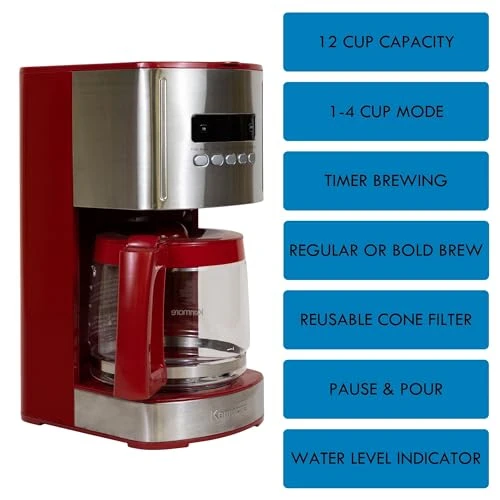 Drip Coffee Maker - 12 Cup Programmable Machine With Glass Pot, Regular & Bold Brew, Auto Shut Off Large Water... — Coffee Maker, Koolatron