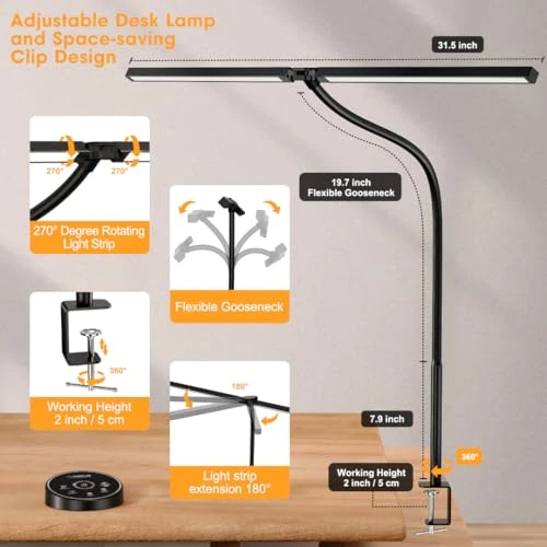 LED Desk Lamp with Clamp and Dual Screen Computer Monitor Gooseneck