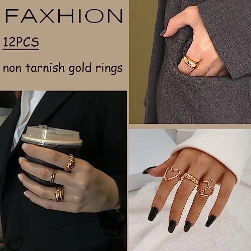 Gold Stackable Rings Set for Women, FAXHION