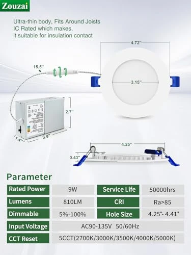 Ultra-Thin LED Recessed Ceiling Light with Junction Box, zouzai