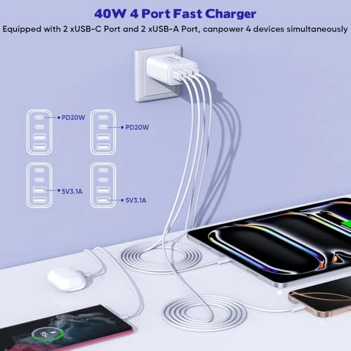 10FT USB C to C Charger Cable and 4-Port Wall Charger Block — Power Bank, Dazana