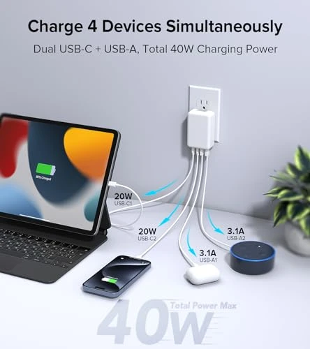 40W 4-Port Foldable USB C Wall Charger — Power Bank, Qwinjwin