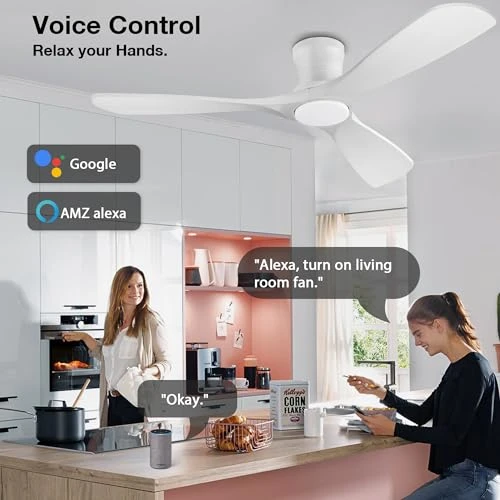 52” Wood Smart Flush Mount Ceiling Fan with Lights and Remote