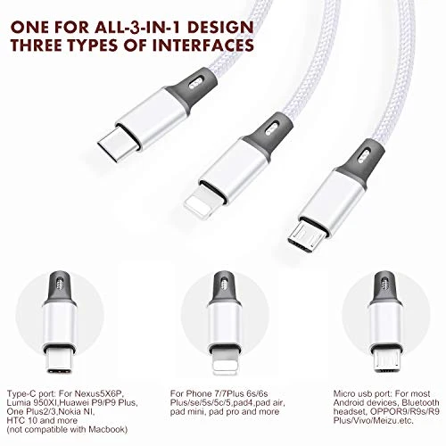 Multi USB Charging Cable 3A, 3 in 1 Fast Charger Cord Connector, TOPWIN