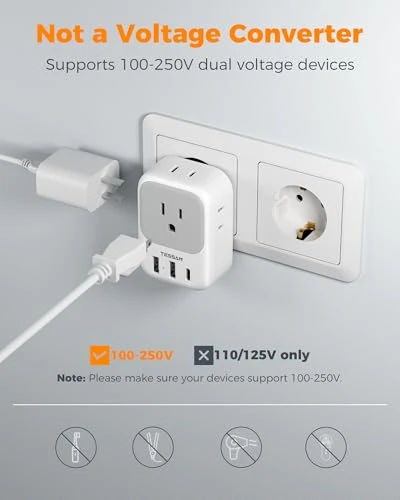 European Plug Adapter with USB C, TESSAN