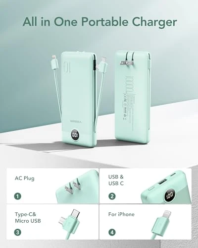 Portable Charger with Built in Cables and Wall Plug — Power Bank, VEGER