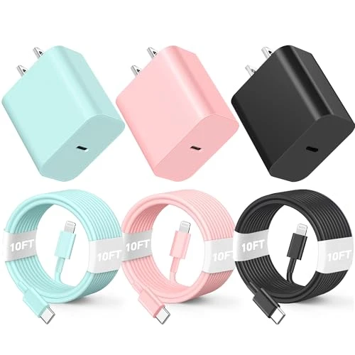 3-Pack 10-Foot Lightning Charging Cables with 20W Fast Chargers, BUSFUL