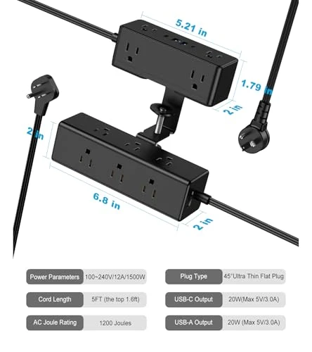 Dual Layer Desk Clamp Power Strip, VILONG