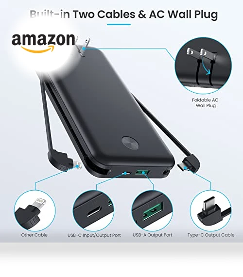 Portable Charger with Built-in Cables & AC Wall Plug — Chargers, AONIMI