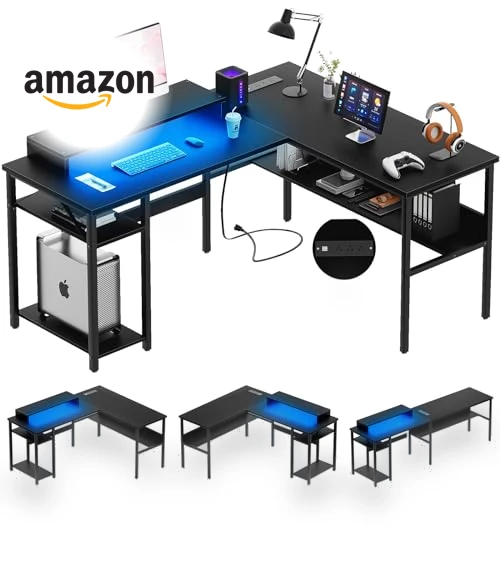 Reversible L Shaped Desk with Power Outlets and Smart LED Light — Workspace Solutions, Unikito