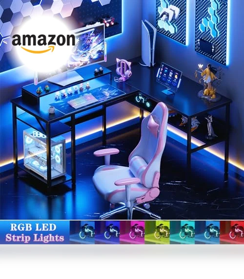 Reversible L Shaped Desk with Power Outlets and Smart LED Light — Workspace Solutions, Unikito