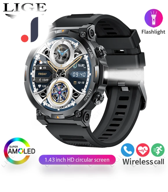 AMOLED Bluetooth Smart Watch with LED Flashlight — Smartwatches, LIGE