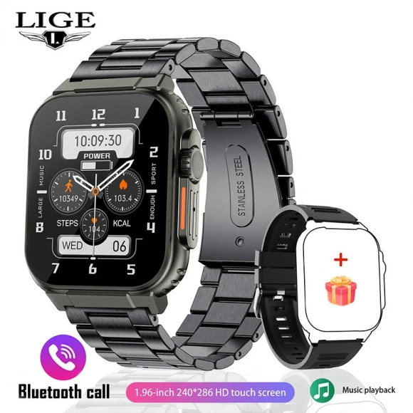 Smartwatch with Siri Dial, Large Battery, TWS Music, Blood Oxygen Monitoring, Steel Band — Smart Watch, LIGE