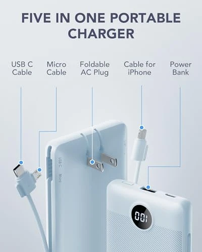 Portable Charger with Built-in Cables and AC Wall Plug — Power Bank, VRURC